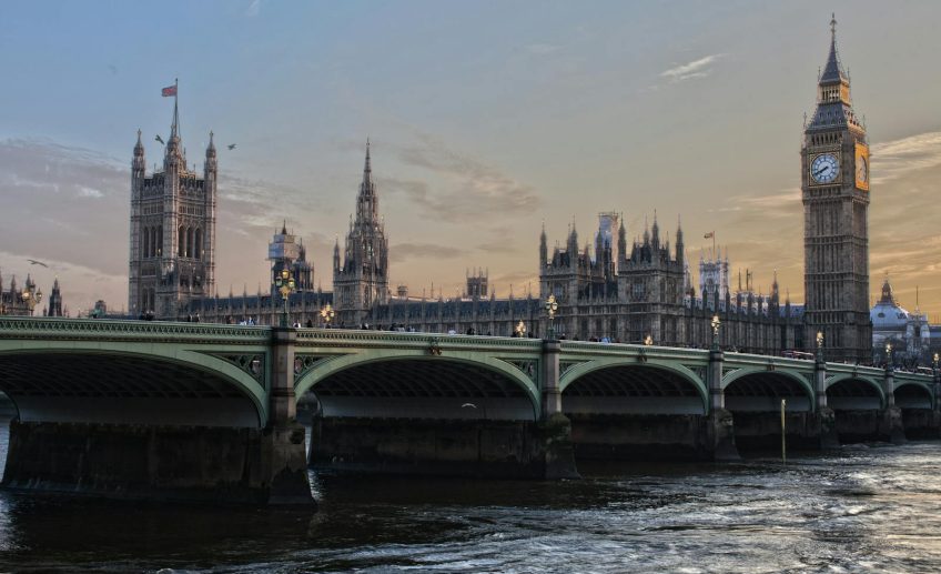 Stunning view of Big Ben and Westminster Bridge at sunset. Iconic London landmark